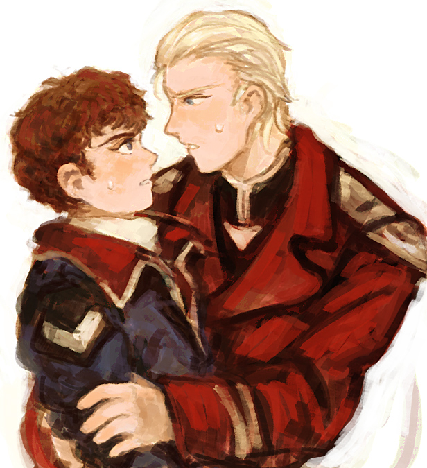 2boys, amuro_ray, black_shirt, blonde_hair, blue_eyes, blue_jacket, brown_hair, char's_counterattack