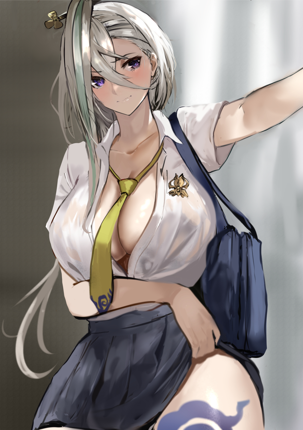 1girl, bag, black_skirt, blush, breasts, center_opening, cleavage, collared_shirt, fate/grand_order, fate_(series), green_hair, grey_hair, hair_between_eyes, hair_ornament, hairpin, highres, huyan_zhuo_(fate), huyan_zhuo_(heartbeat_iron_clubs)_(fate), jikihatiman, large_breasts, looking_at_viewer, medium_hair, multicolored_hair, necktie, purple_eyes, shirt, short_sleeves, shoulder_bag, skirt, solo, streaked_hair, upper_body, white_shirt