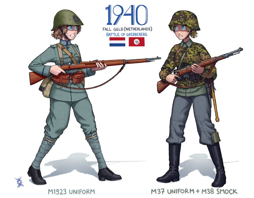 2girls, absurdres, ammunition_pouch, black_footwear, blonde_hair, blue_eyes, bolt_action, boots, brown_hair, camouflage, censored, censored_symbol, combat_helmet, dutch_army, dutch_flag, english_text, explosive, grenade, grey_jacket, grey_pants, gun, gun_sling, helmet, highres, holding, holding_gun, holding_weapon, jacket, load_bearing_equipment, long_sleeves, mannlicher_m1895, mauser_98, military, military_combat_uniform, military_uniform, multiple_girls, original, ostwindprojekt, pants, pants_tucked_in, pouch, puttee, rifle, shadow, short_hair, signature, simple_background, soldier, stahlhelm, stielhandgranate, weapon, white_background, world_war_ii