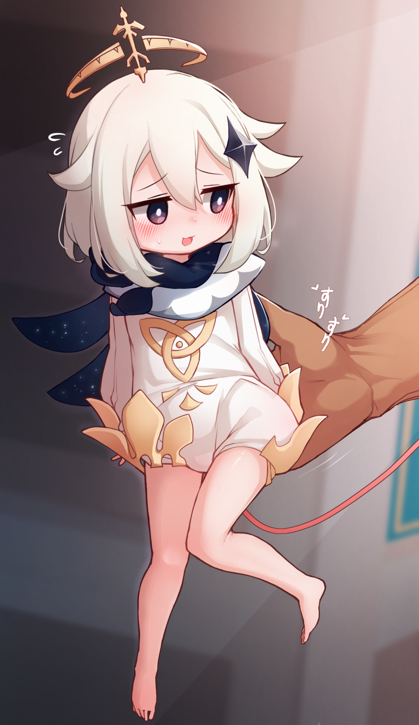 1boy, 1girl, absurdres, barefoot, black_scarf, blurry, blurry_background, blush