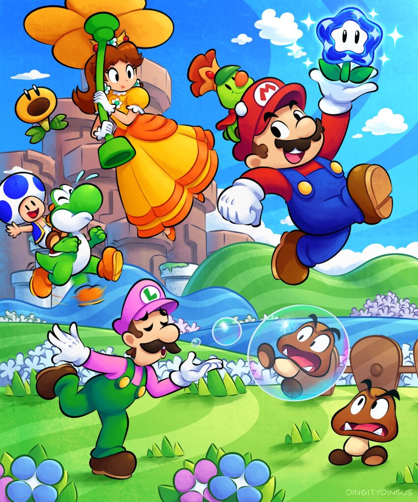 1girl, 5boys, blue_overalls, blue_sky, blue_toad_(mario), brothers, brown_footwear, brown_hair