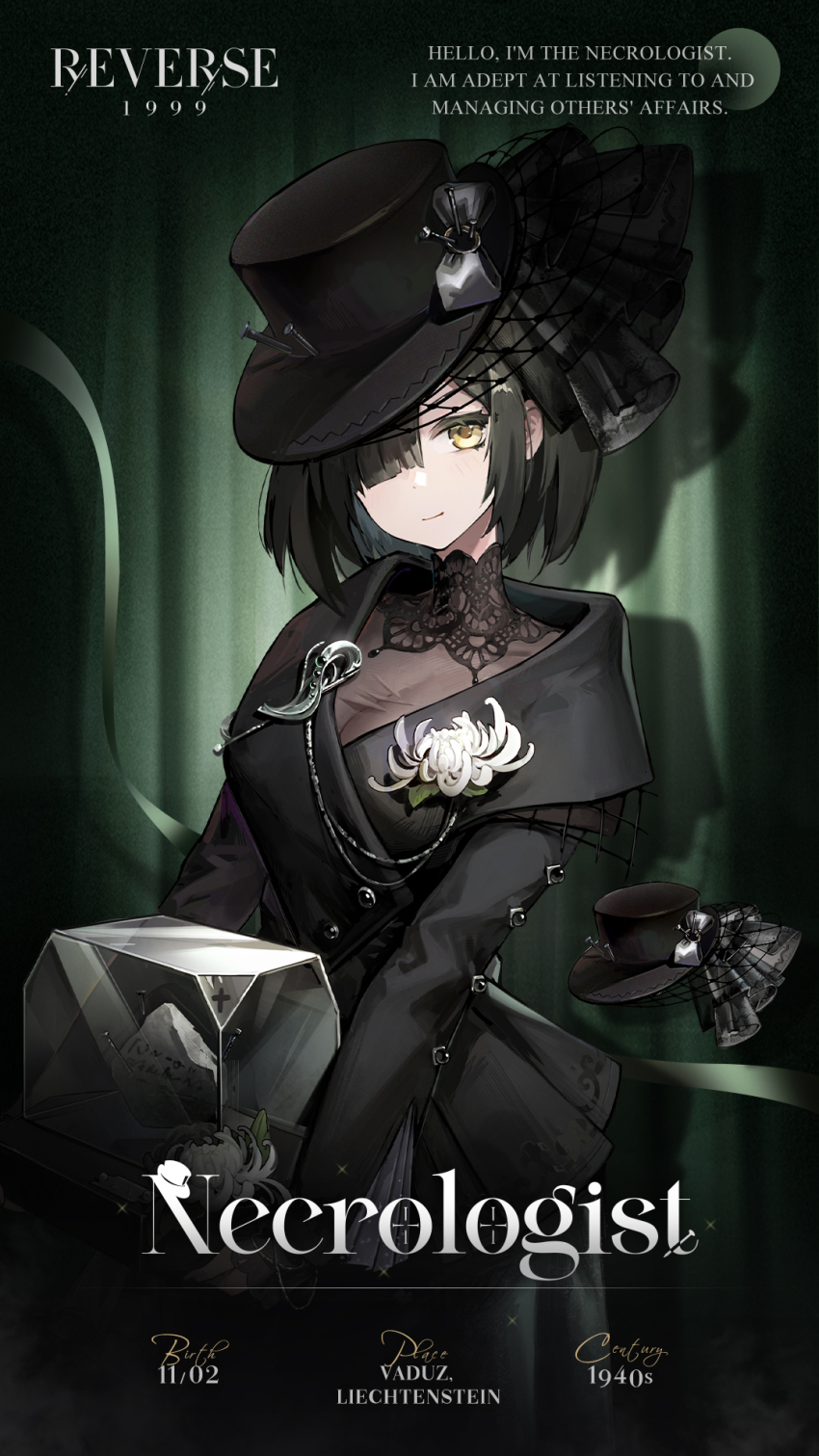 1girl, black_dress, black_hair, black_jacket, black_veil, bob_cut, character_name, chrysanthemum