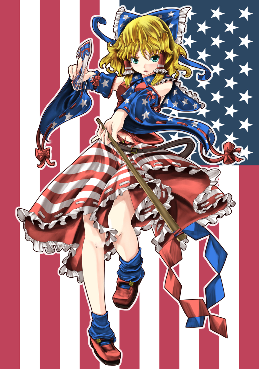 1girl, alternate_color, alternate_hair_color, american_flag, american_flag_print, american_flag_skirt, american_miko, belt