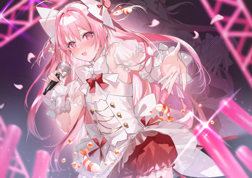 1boy, :d, absurdres, back_bow, beckoning, bloomers, blush, bow, bowtie, buttons, concert, cowboy_shot, crossdressing, crossdressing_(mtf), detached_sleeves, double-breasted, dress, falling_petals, garter_straps, glint, glowstick, hair_between_eyes, hair_bow, har-gow_(the_tale_of_food), highres, holding, holding_microphone, idol, long_hair, looking_at_viewer, male_focus, microphone, open_mouth, petals, pink_eyes, pink_hair, puffy_detached_sleeves, puffy_short_sleeves, puffy_sleeves, red_bloomers, red_bow, ringed_eyes, screen, short_sleeves, shrimp, sleeveless, sleeveless_dress, smile, solo, the_tale_of_food, trap, truss, two_side_up, underwear, white_bow, white_bowtie, white_dress, wispy_bangs, wrist_cuffs, yuuko_(030_yuko)
