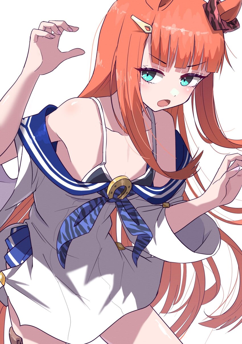 1girl, alternate_costume, animal_ears, bikini, blush, breasts, collarbone, cosplay, highres, hime_cut, hishi_amazon_(umamusume), hishi_amazon_(umamusume)_(cosplay), horse_ears, horse_girl, horse_tail, itosu200, long_hair, looking_at_viewer, open_mouth, silence_suzuka_(umamusume), simple_background, small_breasts, solo, swimsuit, tail, umamusume, white_background