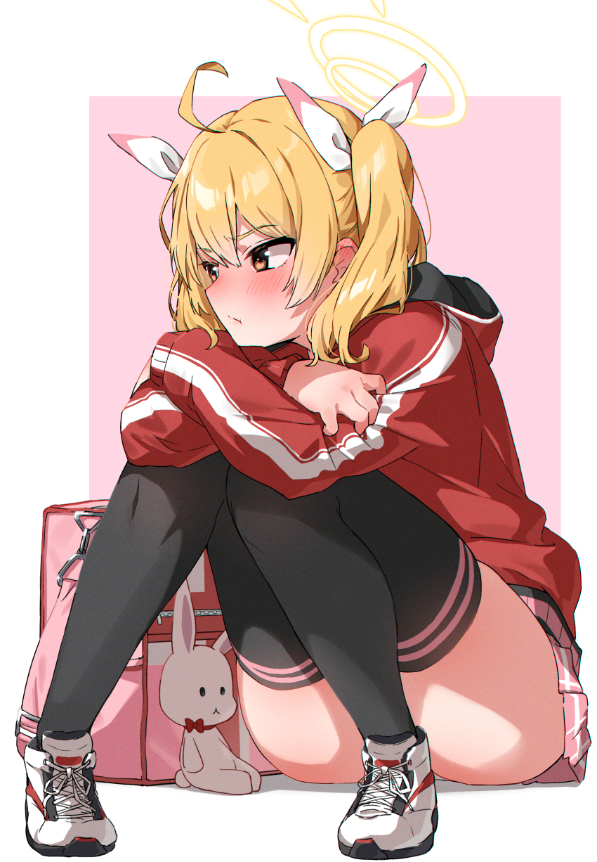 1girl, absurdres, ahoge, ass, bag, black_thighhighs, blonde_hair, blue_archive, blush, closed_mouth, commentary_request, embarrassed, frown, full_body, halo, hatohane_(tonnkotubird), highres, hood, hoodie, hugging_own_legs, knees_together_feet_apart, knees_up, looking_to_the_side, medium_hair, miniskirt, outside_border, pigeon-toed, pink_background, pink_bag, pink_skirt, pleated_skirt, red_hoodie, school_bag, shoes, sitting, skirt, sneakers, solo, stuffed_animal, stuffed_rabbit, stuffed_toy, thighhighs, thighs, twintails, white_shoes, yellow_eyes, yoshimi_(blue_archive)