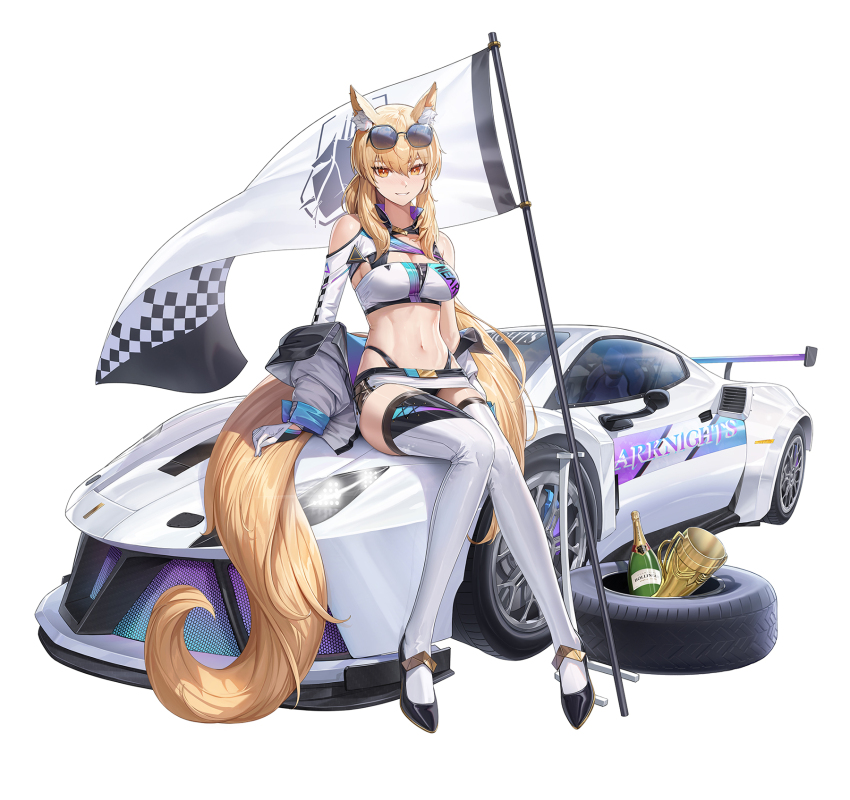 1girl, absurdly_long_tail, alternate_costume, animal_ear_fluff, animal_ears, arknights, bandeau, bare_shoulders, bikini, black_bikini, black_footwear, blonde_hair, breasts, car, champagne_bottle, character_name, checkered_flag, cleavage, clothes_writing, clothing_cutout, commentary, copyright_name, cryturtle, eyewear_on_head, flag, gloves, half-shrug, high_heels, highleg, highleg_bikini, highres, horse_ears, horse_girl, horse_tail, jacket, kazimierz_logo, lamborghini, large_breasts, long_hair, medium_breasts, microskirt, motor_vehicle, navel, nearl_(arknights), on_car, open_clothes, open_jacket, orange_eyes, ponytail, race_queen, shoulder_cutout, simple_background, sitting, skirt, smile, solo, sports_car, stomach, sunglasses, swimsuit, untranslatable_commentary, tail, thighhighs, trophy, unused_tire, white_background, white_bandeau, white_car, white_gloves, white_jacket, white_skirt, white_thighhighs