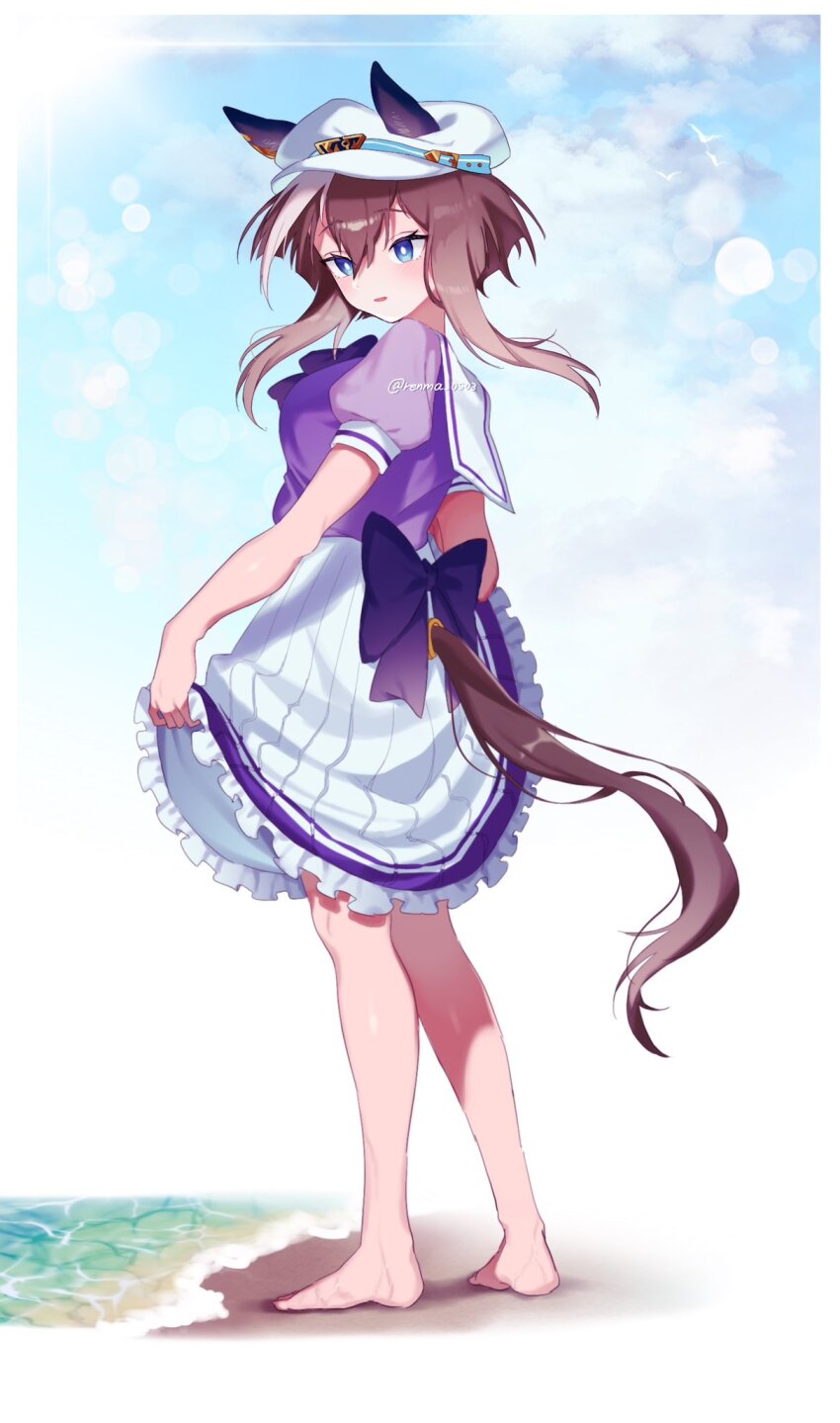 1girl, animal_ears, barefoot, blue_eyes, blush, breasts, bright_pupils, brown_hair, cheval_grand_(umamusume), clothing_cutout, cloud, day, full_body, hair_between_eyes, hat, hat_belt, highres, holding_own_skirt, horse_ears, horse_girl, horse_tail, long_hair, looking_down, multicolored_hair, open_mouth, outdoors, purple_shirt, renma_(renma_0503), sailor_collar, sand, school_uniform, shirt, short_sleeves, skirt, small_breasts, solo, standing, streaked_hair, tail, tail_through_clothes, tracen_school_uniform, twitter_username, umamusume, water, watermark, white_hat, white_pupils, white_skirt