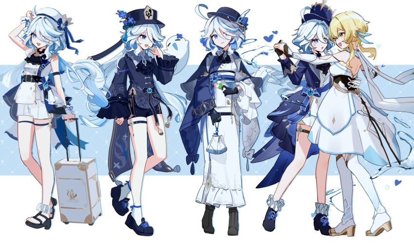 2girls, :t, ahoge, alternate_costume, alternate_hairstyle, anchor_symbol, ascot, asymmetrical_gloves