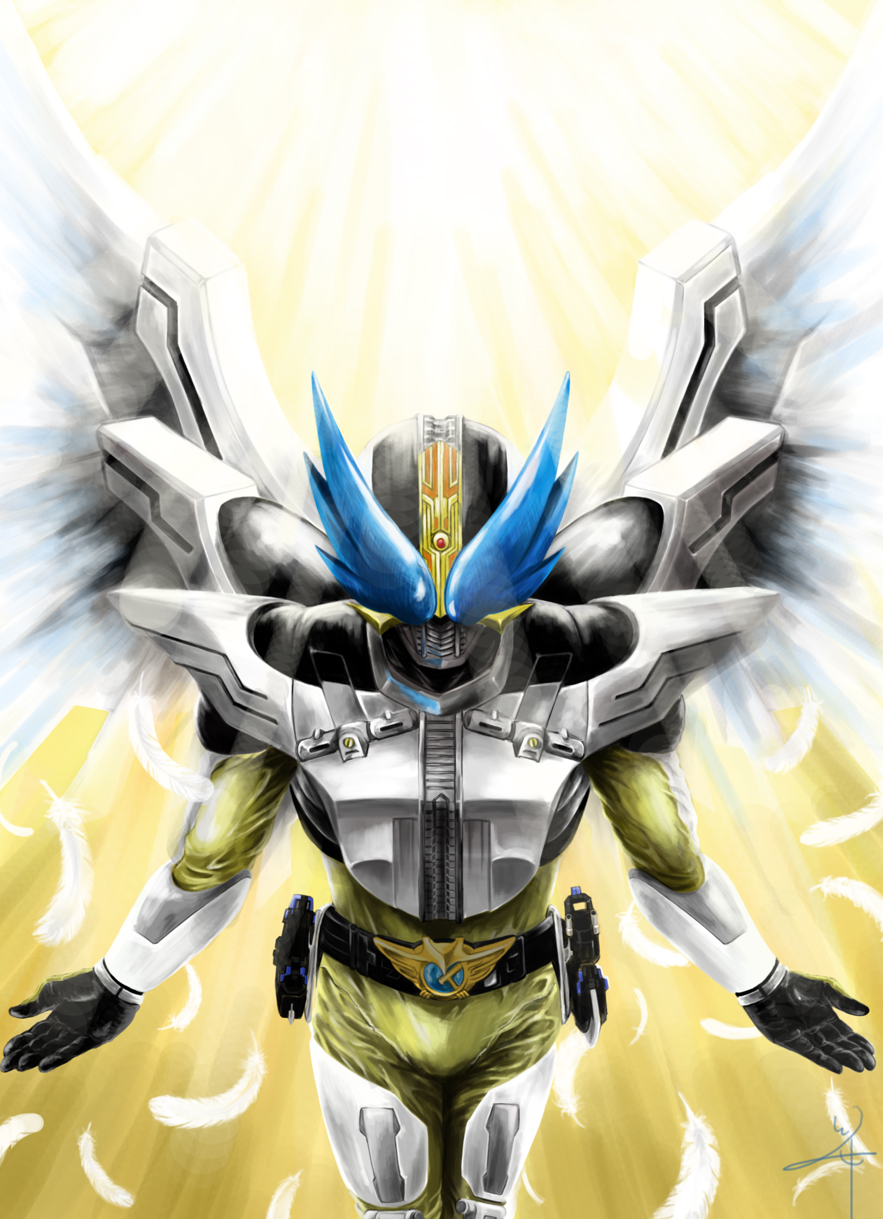 1boy, belt, bodysuit, dead_pepper, feathers, highres, kamen_rider, kamen_rider_den-o, kamen_rider_den-o_(series), kamen_rider_den-o_(wing_form), male_focus, solo, wings