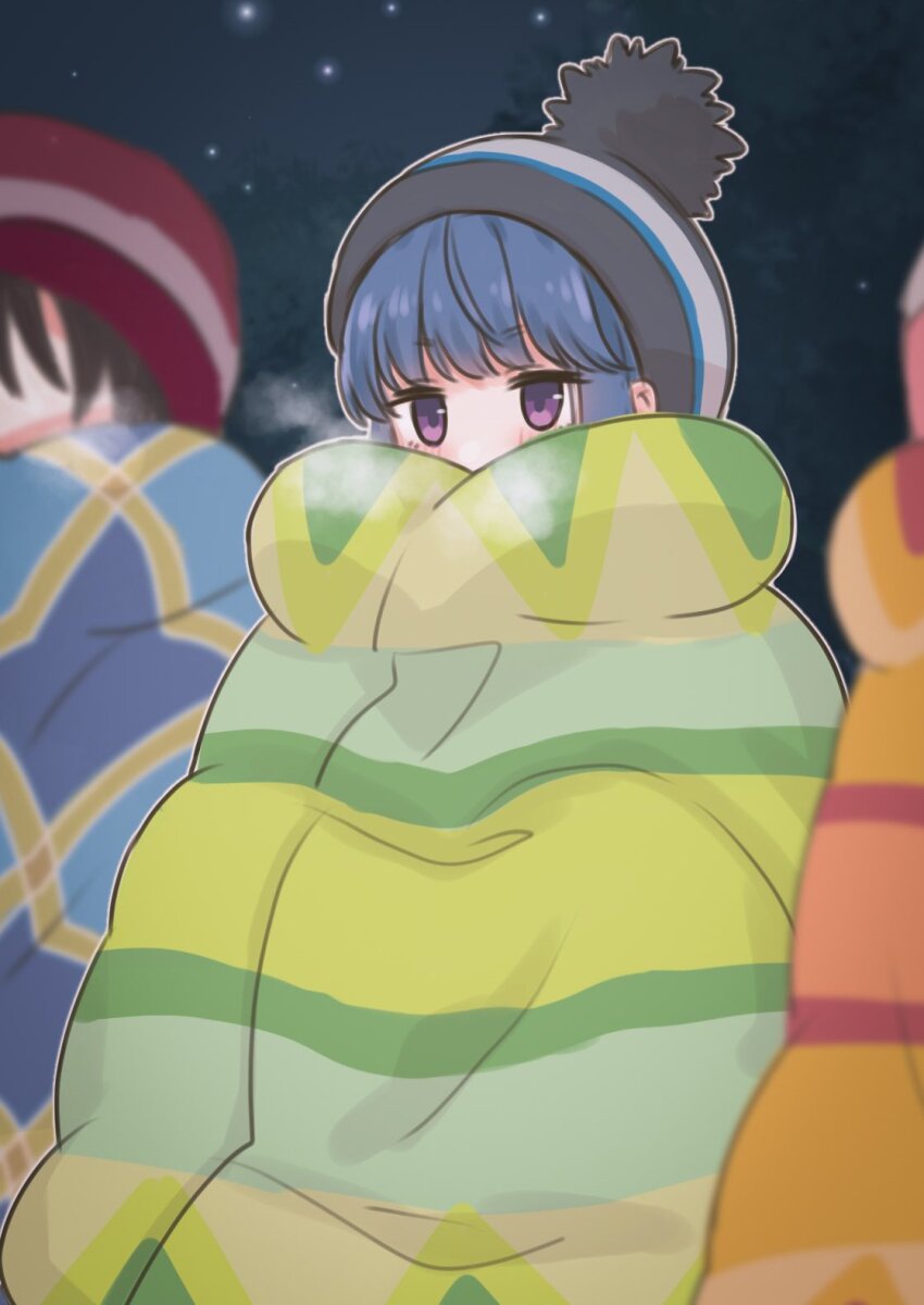 3girls, beanie, blanket, blue_hair, blunt_bangs, blush, hat, highres, kagamihara_nadeshiko, marrontorisu, multiple_girls, night, outdoors, pom_pom_(clothes), purple_eyes, red_headwear, saitou_ena, shima_rin, solo_focus, star_(sky), steam, wrapped_in_blanket, yurucamp
