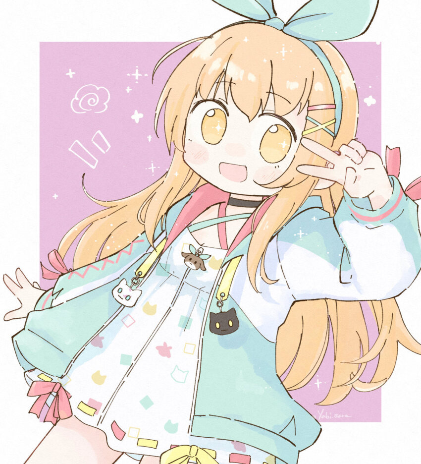 1girl, :d, bebe_(nanahira), black_choker, blonde_hair, blue_bow, blue_hairband, blue_jacket