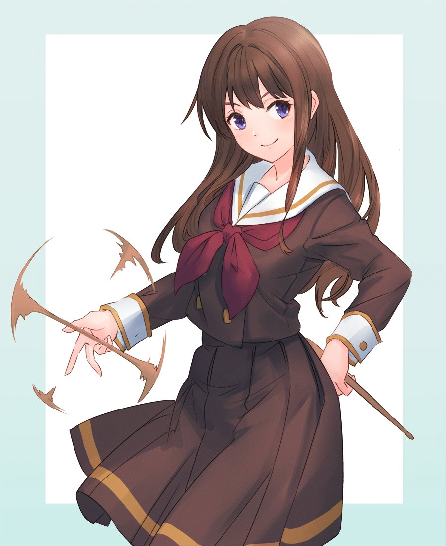 1777_kaki, 1girl, brown_hair, brown_serafuku, brown_skirt, drumsticks, hand_on_own_ass, hibike!_euphonium