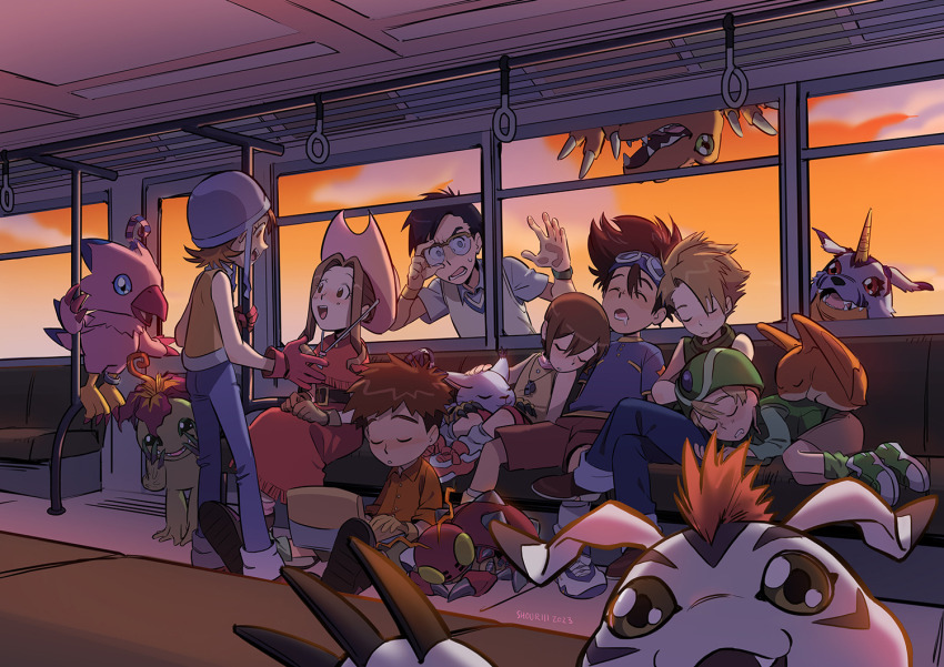 agumon, ass, bird, brother_and_sister, brown_gloves, brown_hair, bug, cat, child, claws, cloud, cloudy_sky, computer, denim, digimon, digimon_(creature), digimon_adventure, dress, fang, gabumon, glasses, gloves, goggles, goggles_on_head, gomamon, ishida_yamato, izumi_koshiro, jeans, kido_jo, laptop, multiple_boys, multiple_girls, on_floor, open_mouth, orange_hair, orange_sky, palmon, pants, patamon, pink_headwear, piyomon, red_dress, short_hair, shouri_(mirrorshards), siblings, sitting, sky, sleeping, standing, tachikawa_mimi, tailmon, takenouchi_sora, tentomon, train_interior, yagami_hikari, yagami_taichi
