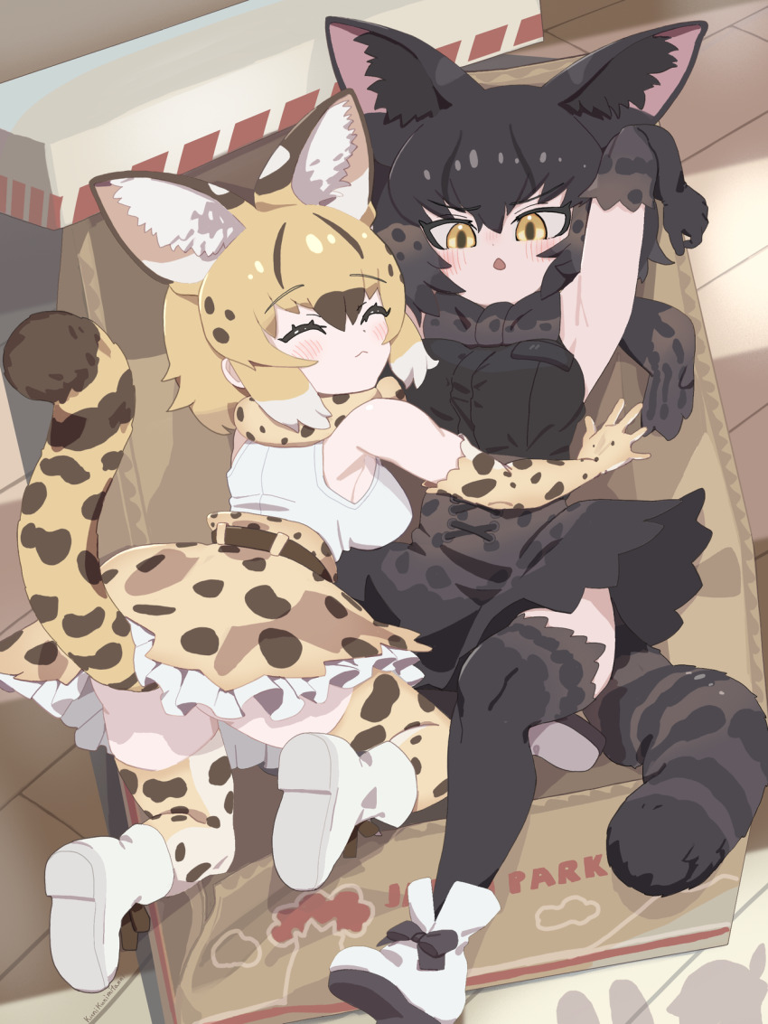 2girls, all_fours, animal_ear_fluff, animal_ears, animal_print, armpits, ass, bare_shoulders
