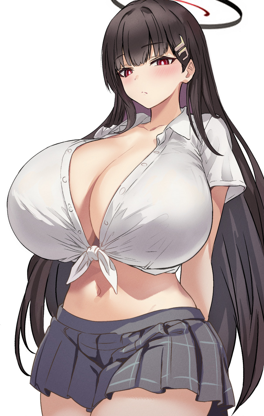 1girl, alternate_breast_size_(larger), alternate_costume, black_hair, black_skirt, blue_archive, blush, breasts