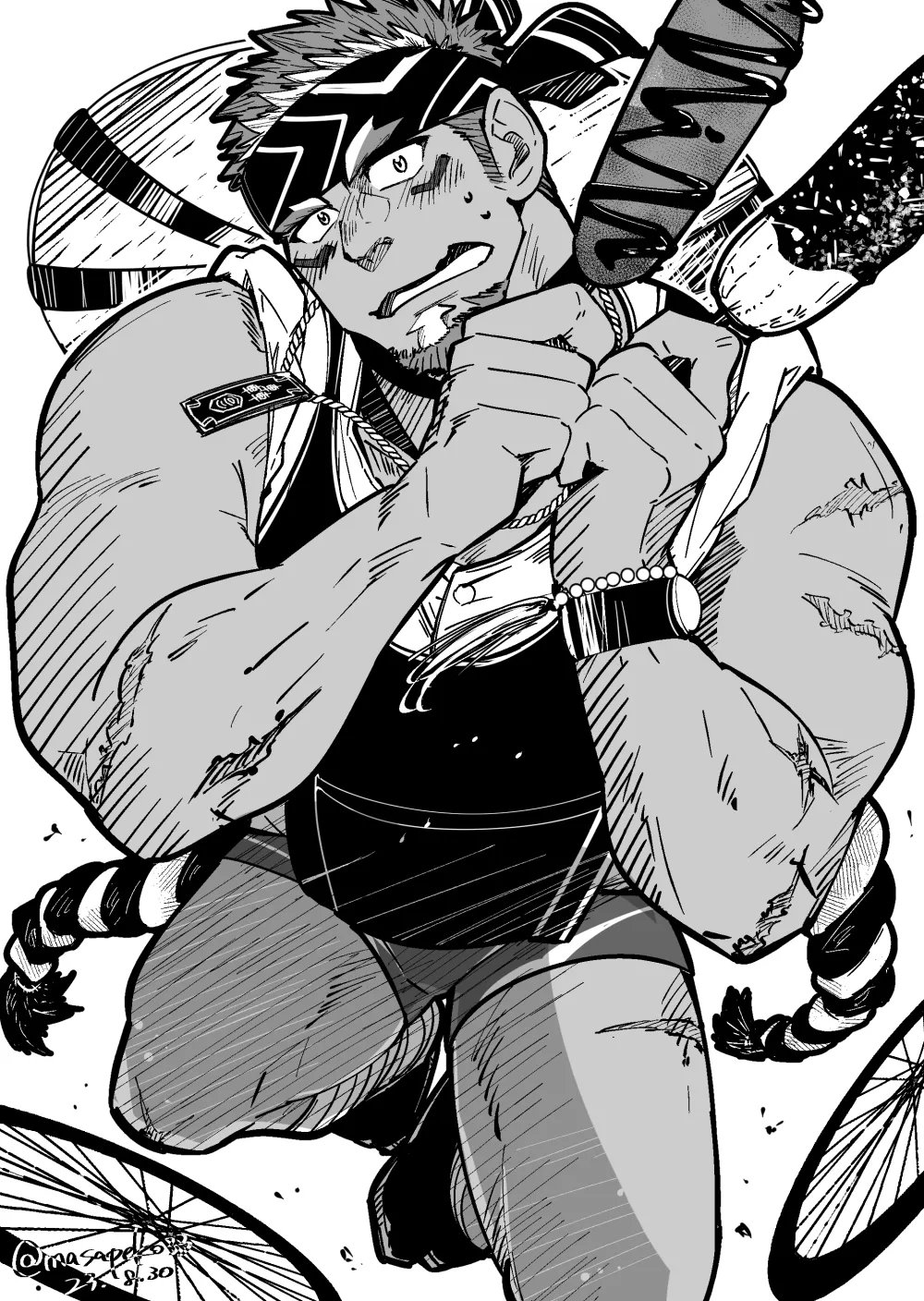 1boy, bara, blush, chocolate-covered_food, chocolate_banana, dark-skinned_male, dark_skin, facial_hair