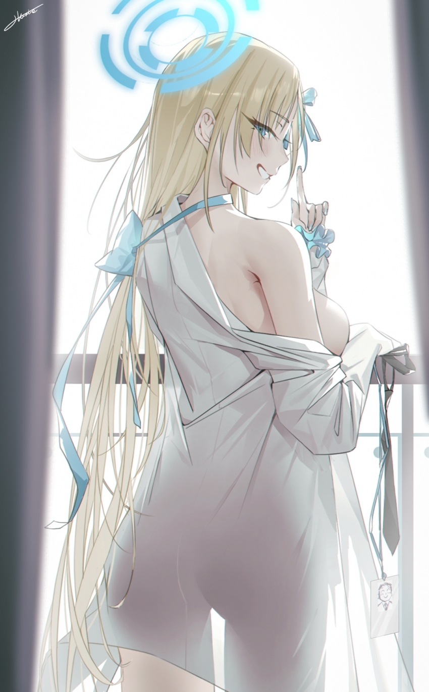1girl, ass, asuna_(blue_archive), blue_archive, blue_eyes, blue_halo, blue_nails, breasts, from_behind, grin, haine_1871, halo, highres, holding_necktie, large_breasts, light, light_brown_hair, looking_at_viewer, loose_clothes, loose_shirt, name_tag, off_shoulder, scrunchie, see-through_clothes, see-through_silhouette, sensei_(blue_archive), shirt, smile, solo, white_shirt, window, wrist_scrunchie