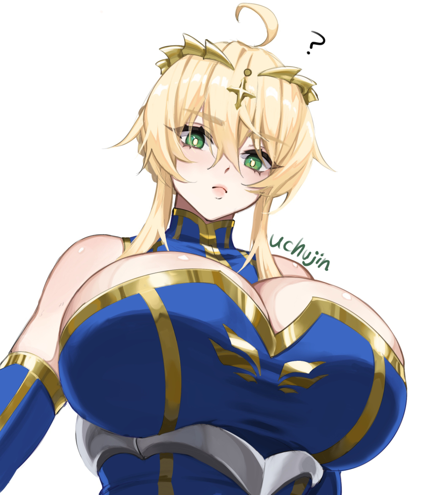 1girl, ?, ahoge, artoria_pendragon_(fate), artoria_pendragon_(lancer)_(fate), black_leotard, blue_gloves, breasts