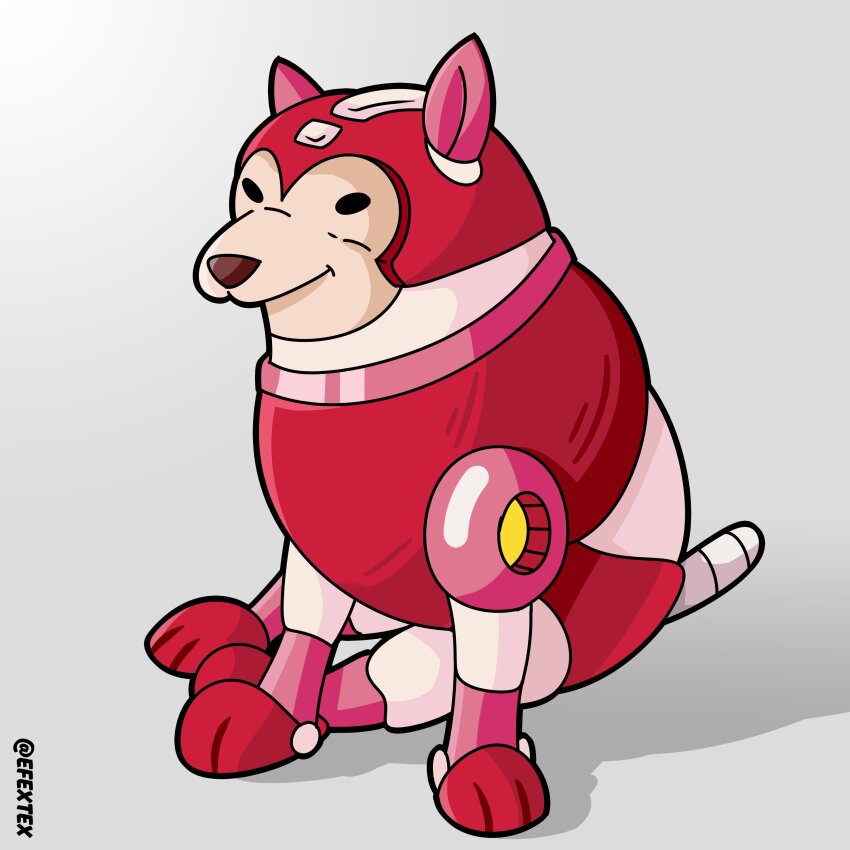 absurdres, black_eyes, cheemsburger_(doge), commentary, cosplay, dog, efextex, english_commentary, highres, mega_man_(classic), mega_man_(series), meme, no_humans, rush_(mega_man), rush_(mega_man)_(cosplay), sitting