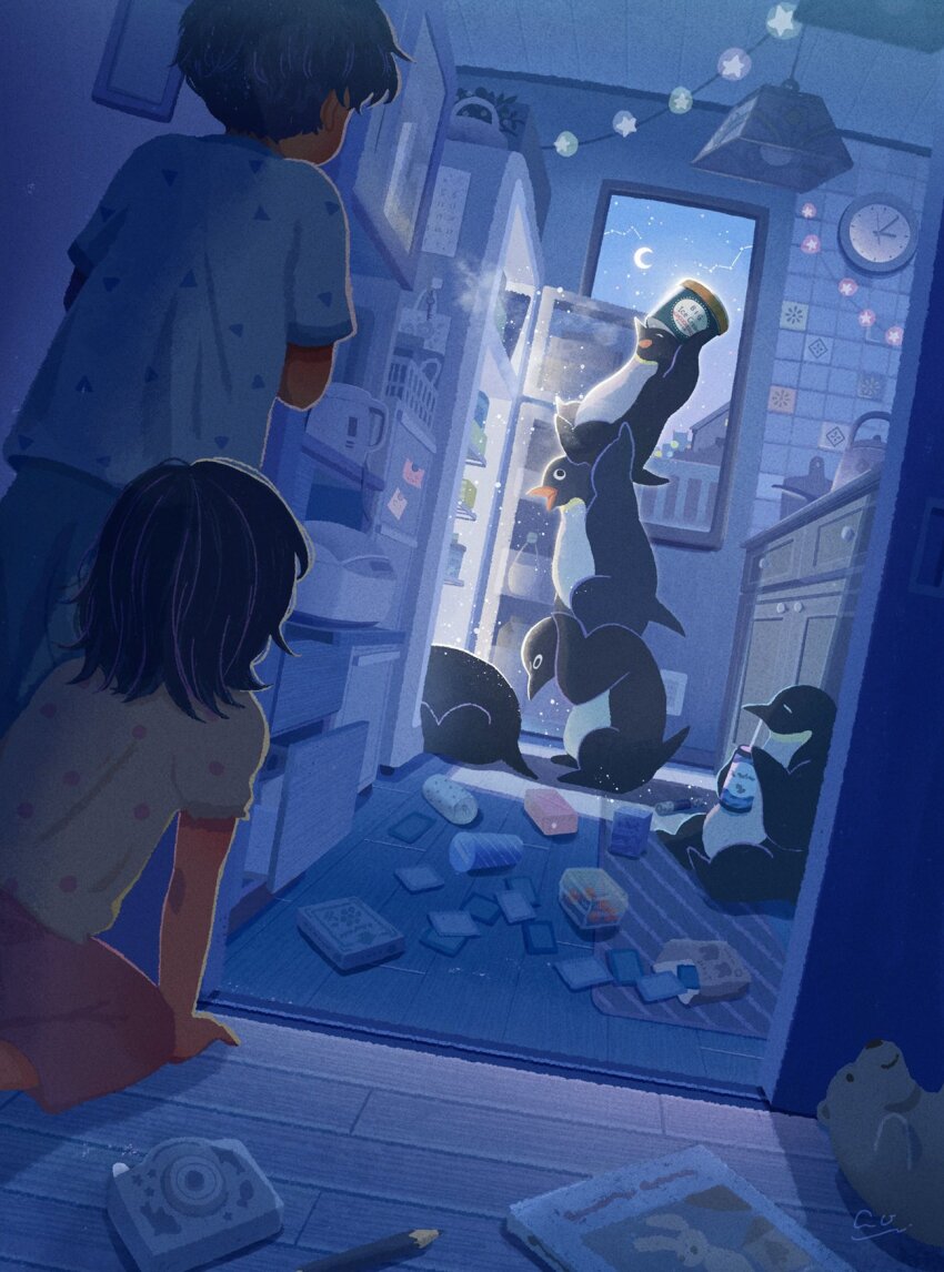 1boy, 1girl, ao_(aohari), bear, bird, black_hair, book, child, clock, constellation, crescent, cup, disposable_cup, disposable_ice_cream_cup, eating, fantasy, food, from_behind, highres, holding, holding_food, holding_ice_cream, ice_cream, indoors, kitchen, kneeling, lamp, medium_hair, moon, night, nightgown, original, peeking_out, pencil, penguin, refrigerator, short_hair, standing, standing_on_shoulder, stuffed_toy, teapot, window