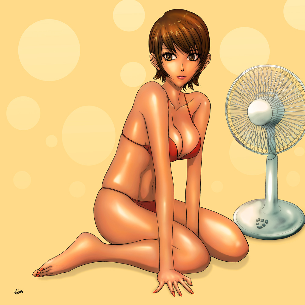 1girl, bad_id, bad_pixiv_id, barefoot, bikini, breasts, brown_eyes, brown_hair, cleavage, electric_fan, female_focus, kneeling, large_breasts, legs, lips, red_bikini, short_hair, solo, swimsuit, tan, viridian-c