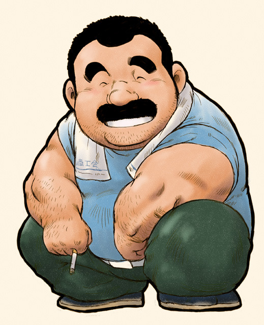 1boy, arm_hair, bara, beard_stubble, belly, cigarette, deformed, facial_hair