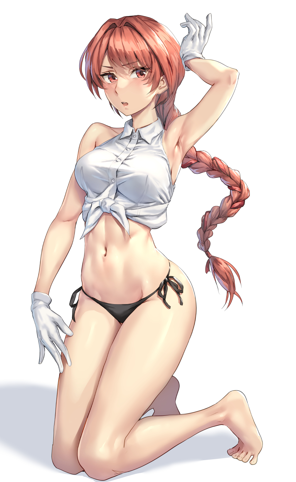 1girl, armpits, barefoot, blush, braid, breasts, buttons, collared_shirt