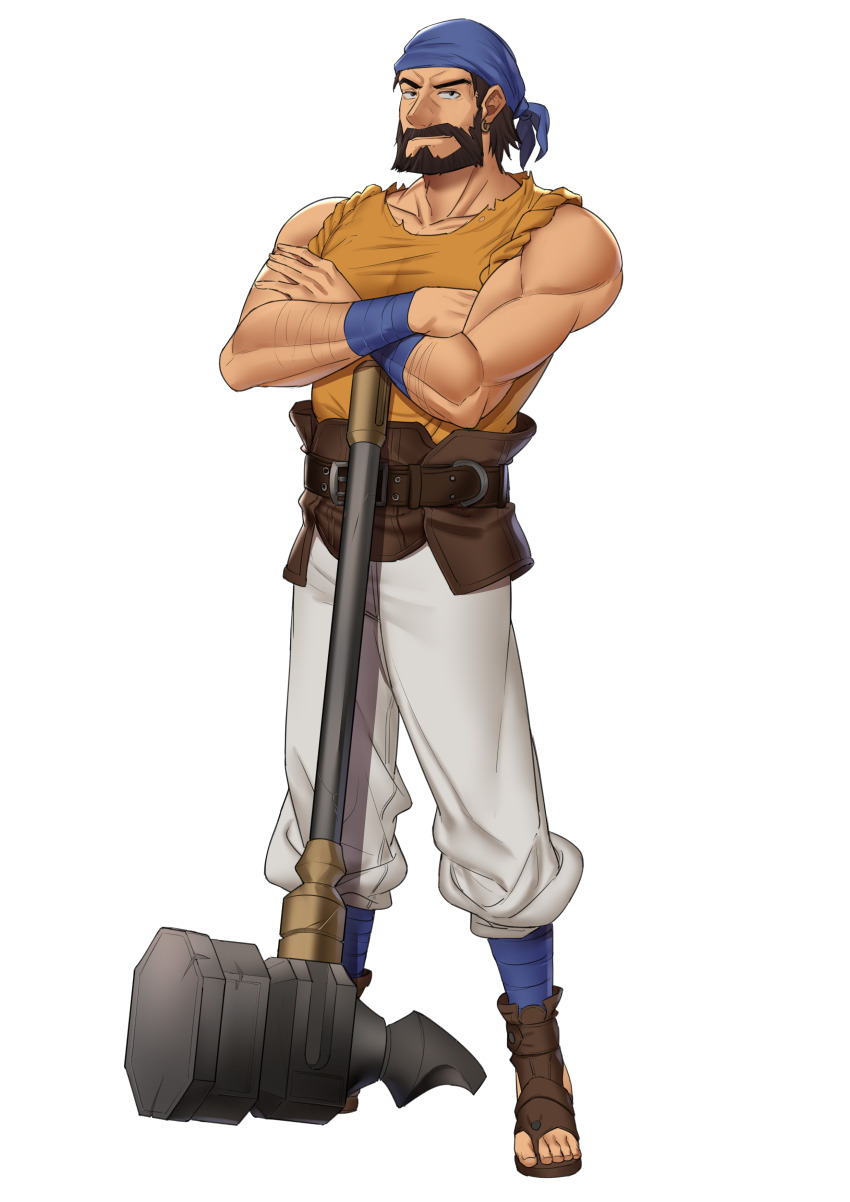 1boy, absurdres, bandana, beard, blue_bandana, brown_footwear, crossed_arms, dagdar_(fire_emblem), earrings, ebinku, facial_hair, fire_emblem, fire_emblem:_thracia_776, full_body, hammer, highres, jewelry, looking_at_viewer, muscular, muscular_male, nintendo, orange_shirt, pants, sandals, shirt, single_earring, sleeveless, sleeveless_shirt, smile, war_hammer, weapon, white_pants