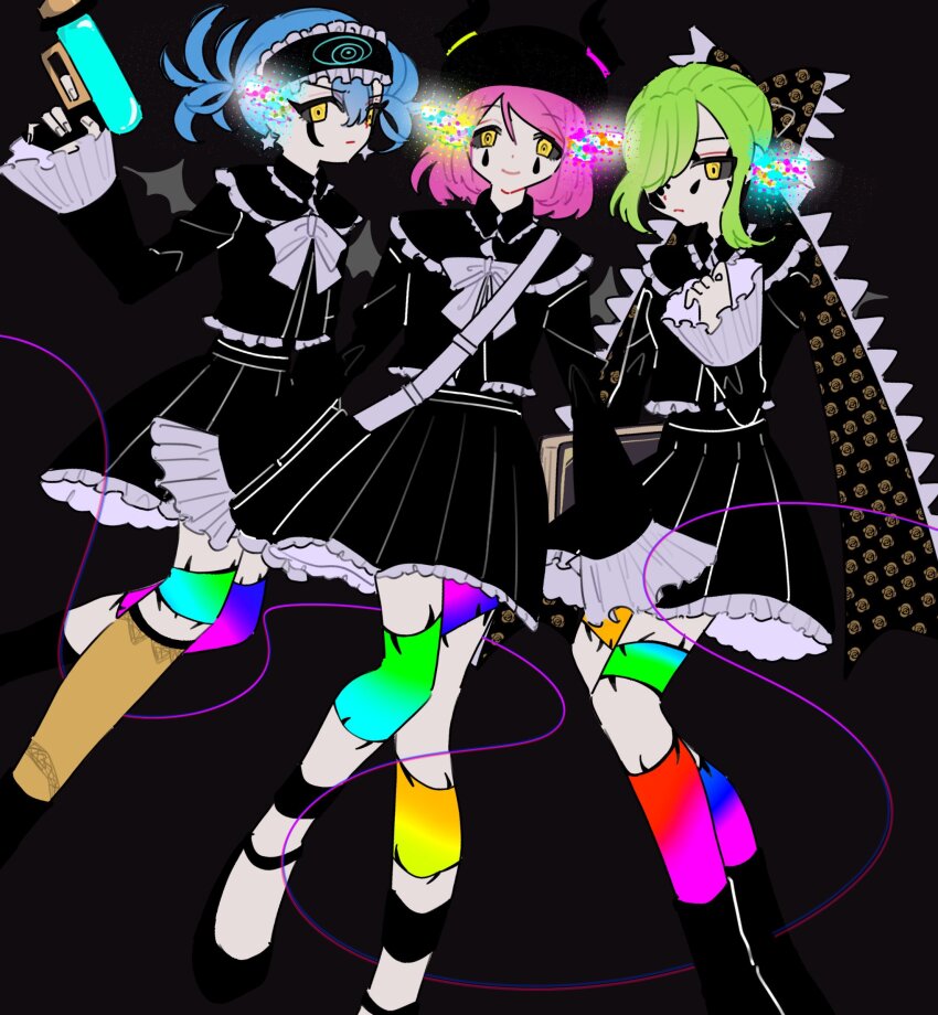 3girls, black_background, black_bow, black_dress, black_footwear, black_sclera, blue_hair, bow, closed_mouth, collared_dress, colored_sclera, commentary_request, dark_persona, demon_wings, dress, eye_trail, facial_mark, frilled_dress, frilled_sleeves, frills, frown, green_hair, gun, hair_between_eyes, hair_bow, hand_up, highres, holding, holding_gun, holding_weapon, kurane_(rain_code), light_trail, long_sleeves, looking_at_viewer, master_detective_archives:_rain_code, multiple_girls, mystery_phantom, pale_skin, pink_hair, rainbow_skin, short_hair, short_twintails, sleep_mask, smile, spoilers, stitches, twintails, waruna_(rain_code), weapon, white_bow, wings, yellow_eyes, yoshiko_(rain_code), yunome_(lyu_nomel)