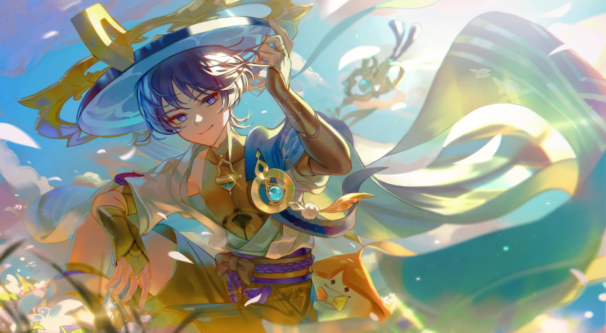 1boy, absurdres, arayasa_(genshin_impact), black_hair, blue_sky, bridal_gauntlets, cape, closed_mouth