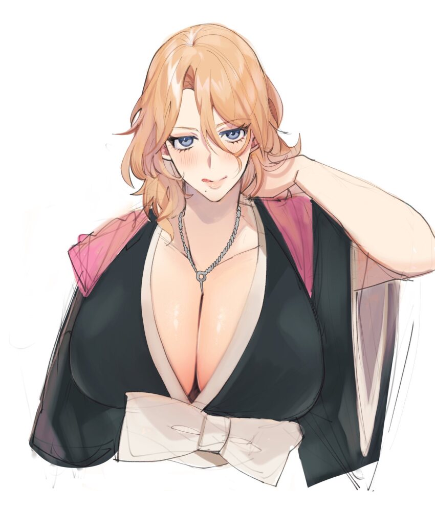1girl, arm_behind_head, between_breasts, black_kimono, bleach, bleach:_sennen_kessen-hen, blue_eyes, breasts, chain, chain_necklace, cleavage, hair_between_eyes, highres, huge_breasts, japanese_clothes, jewelry, kimono, licking_lips, long_hair, looking_at_viewer, matsumoto_rangiku, mayana_(bbpp), mole, mole_under_mouth, necklace, orange_hair, pink_shawl, shawl, solo, tongue, tongue_out, upper_body, wavy_hair