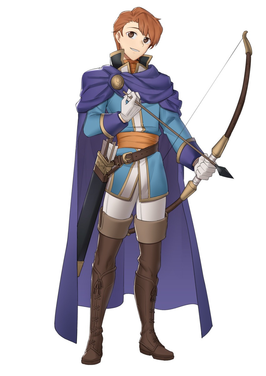 1boy, absurdres, blue_coat, boots, bow_(weapon), brown_footwear, cape, coat, ebinku, fire_emblem, fire_emblem:_thracia_776, full_body, gloves, highres, holding, holding_bow_(weapon), holding_weapon, looking_at_viewer, nintendo, orange_eyes, orange_hair, pants, purple_cape, robert_(fire_emblem), smile, weapon, white_gloves, white_pants