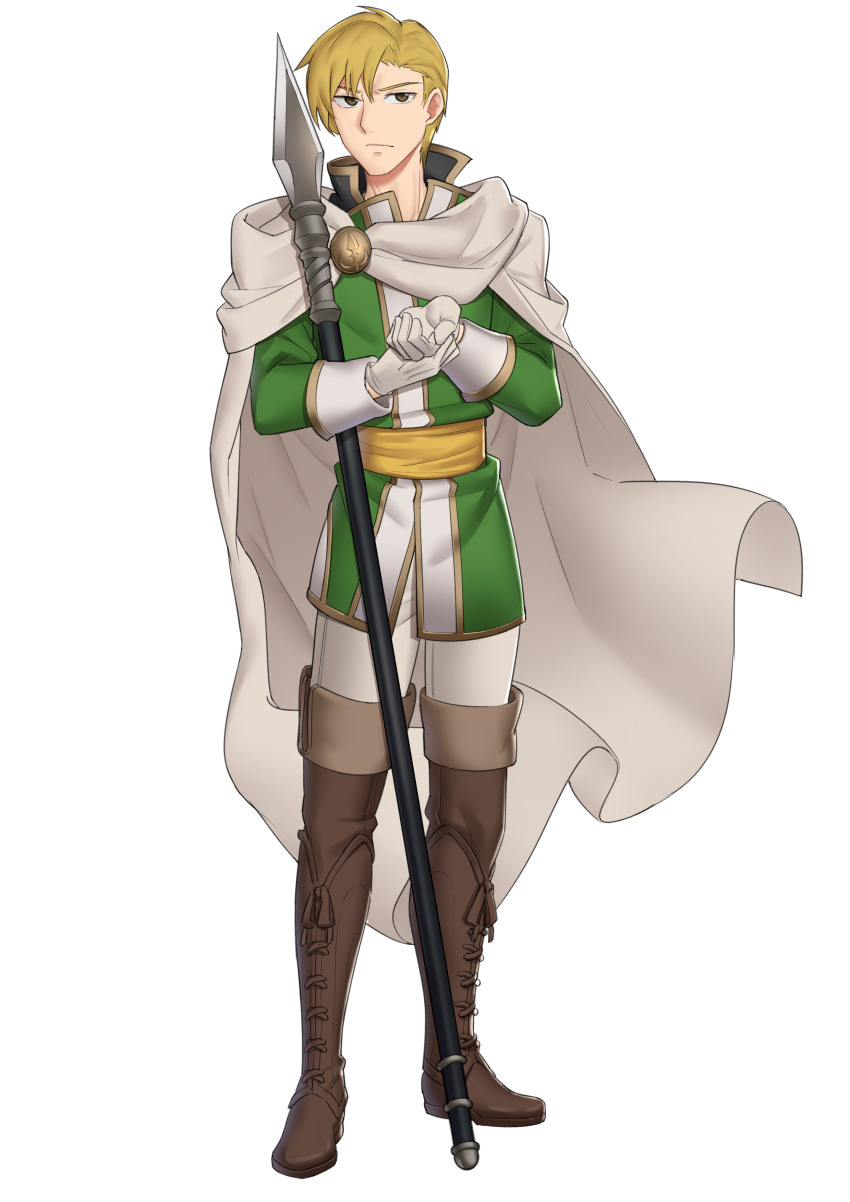 1boy, absurdres, blonde_hair, boots, brown_boots, brown_eyes, cain_(fire_emblem:_thracia_776), cape, coat, ebinku, fire_emblem, fire_emblem:_thracia_776, full_body, gloves, green_coat, highres, holding, holding_polearm, holding_weapon, looking_at_viewer, nintendo, pants, polearm, solo, weapon, white_cape, white_gloves, white_pants