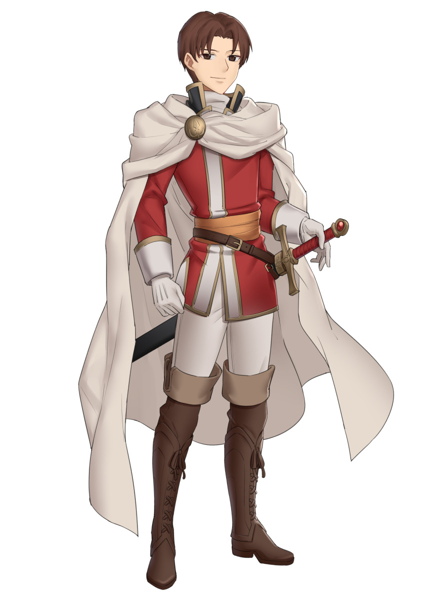 1boy, absurdres, brown_eyes, brown_footwear, brown_hair, cape, carrion_(fire_emblem), coat, ebinku, fire_emblem, fire_emblem:_thracia_776, full_body, gloves, highres, holding, holding_sword, holding_weapon, looking_at_viewer, nintendo, pants, red_coat, smile, sword, weapon, white_cape, white_gloves, white_pants