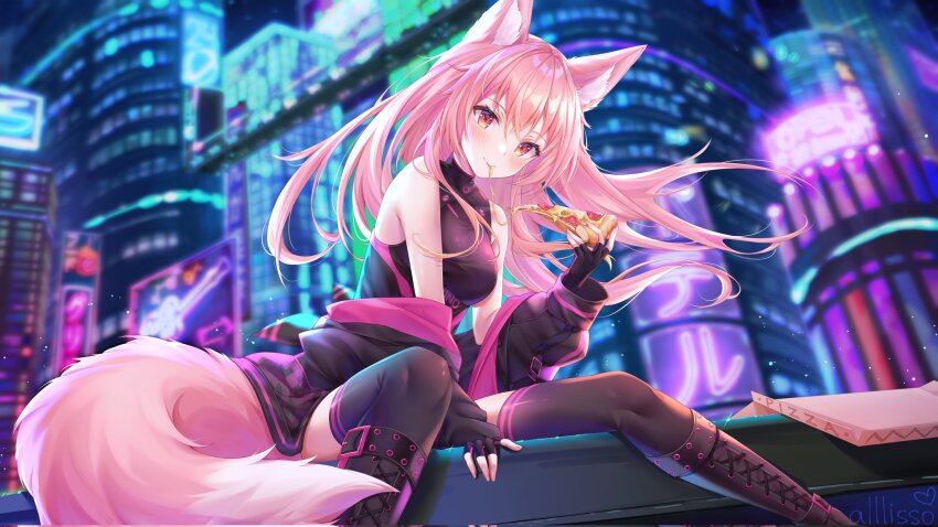 1girl, alllisso, animal_ears, bare_shoulders, black_footwear, black_gloves, black_jacket, black_thighhighs, boots, breasts, building, chiino_(vtuber), cityscape, clothes_down, eating, fingerless_gloves, food, fox_ears, fox_girl, fox_tail, gloves, highres, indie_virtual_youtuber, jacket, long_hair, long_sleeves, looking_at_viewer, medium_breasts, pink_eyes, pink_hair, pizza, pizza_slice, sitting, tail, thighhighs, virtual_youtuber