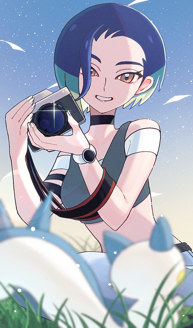 1girl, belt, black_belt, black_choker, blue_hair, blurry, blurry_foreground, brown_eyes