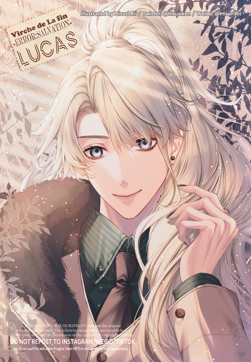 1boy, androgynous, black_nails, black_necktie, blonde_hair, character_name, closed_mouth, copyright_name