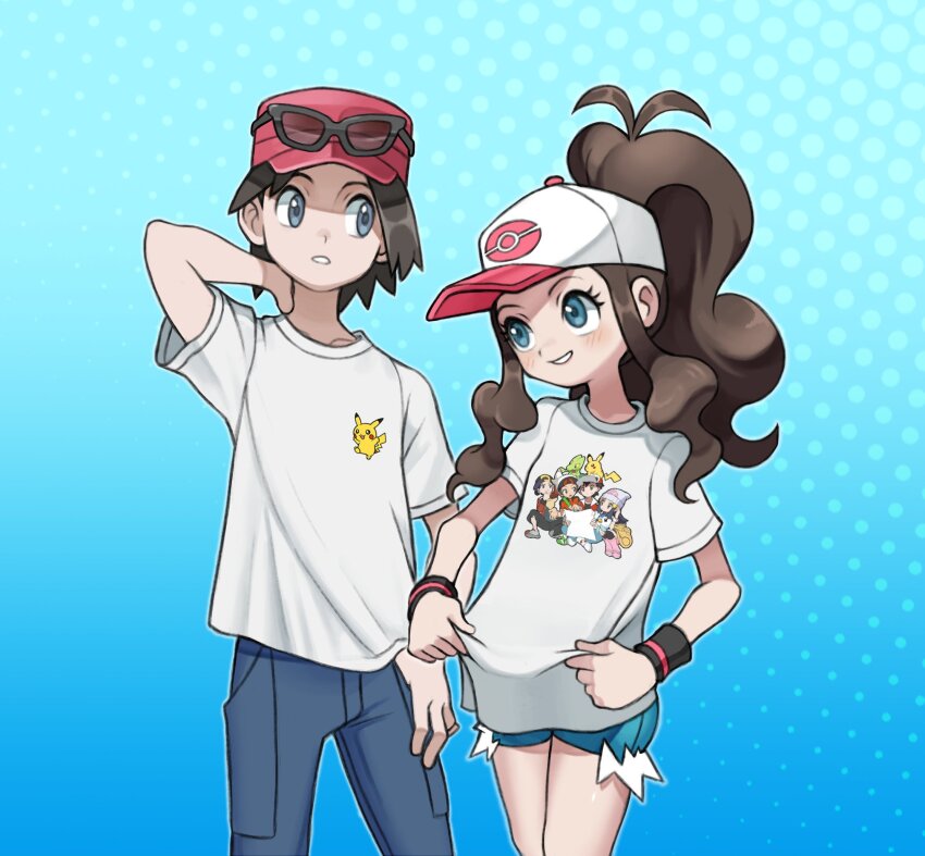 1boy, 1girl, antenna_hair, baseball_cap, blue_background, blush, brendan_(pokemon), brown_hair