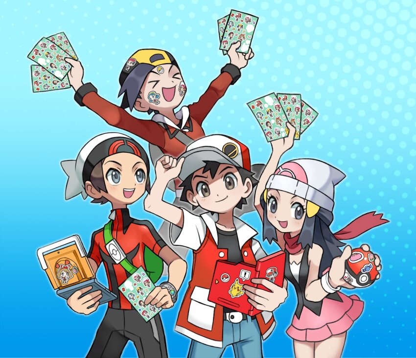 1girl, 3boys, backpack, bag, beanie, belt, belt_buckle, berry_(pokemon)