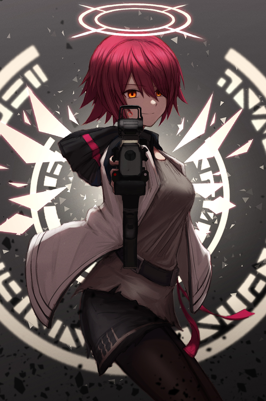 1girl, aiming, aiming_at_viewer, arknights, belt, black_belt, black_shorts, breasts