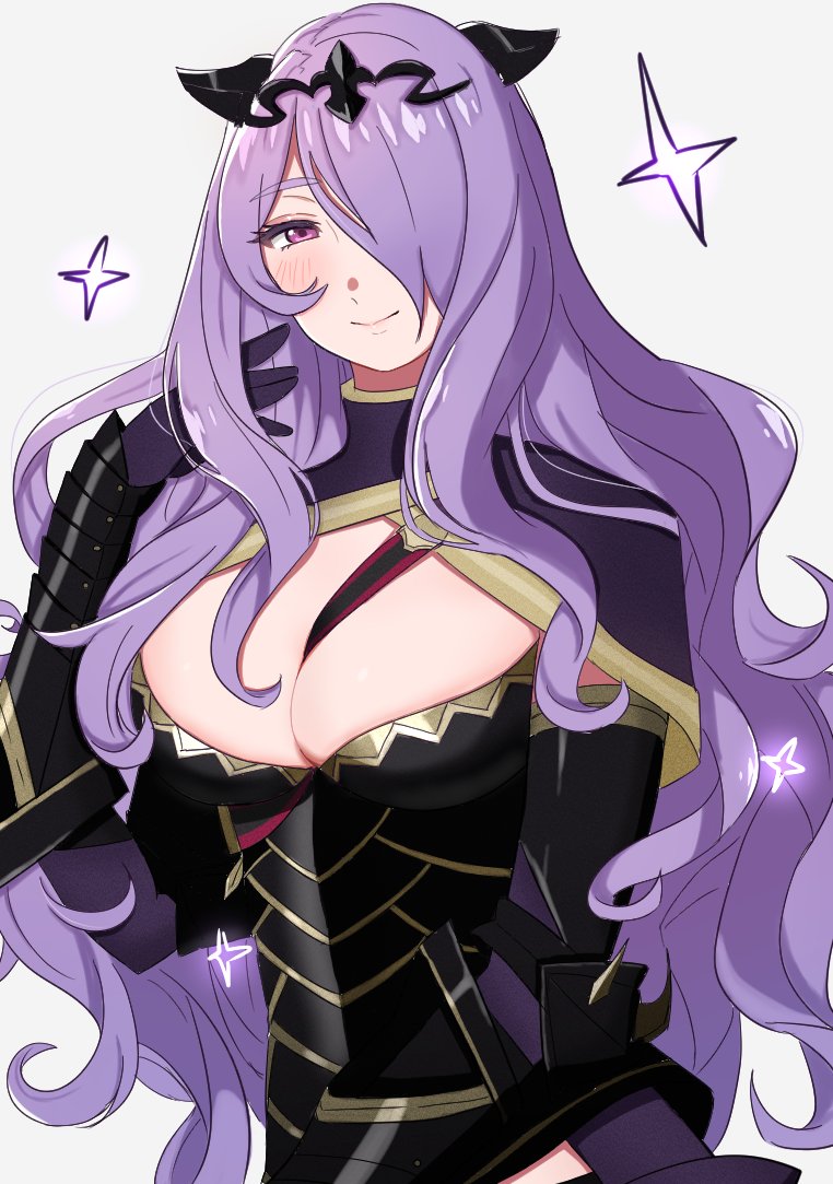 1girl, armor, black_armor, breast_strap, breasts, camilla_(fire_emblem), cleavage, fake_horns
