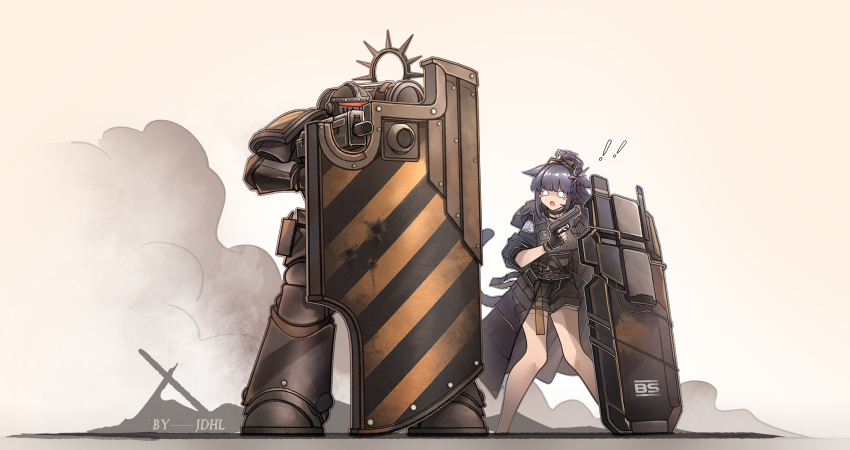 !, !!, 1girl, 1other, absurdres, ambiguous_gender, animal_ears, arknights, armor, artist_name, ballistic_shield, black_choker, black_coat, black_gloves, black_shorts, bolter, cat_ears, cat_girl, cat_tail, character_request, chinese_commentary, choker, coat, commentary_request, english_text, fingerless_gloves, gloves, gun, hair_ornament, handgun, headset, high_ponytail, highres, holding, holding_gun, holding_shield, holding_weapon, hood, hooded_coat, implied_extra_ears, jdhlfire, jessica_(arknights), jessica_the_liberated_(arknights), official_alternate_costume, ponytail, power_armor, shield, shorts, smoke, tactical_clothes, tail, tearing_up, warhammer_40k, weapon, white_background