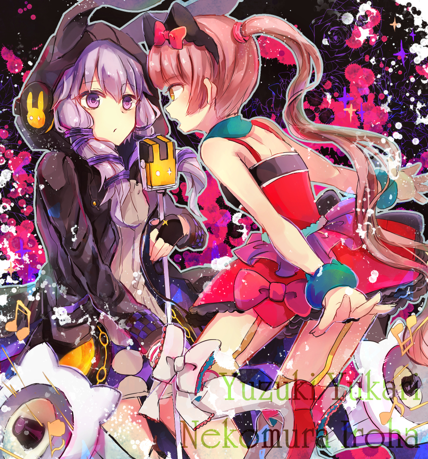 2girls, animal_ears, animal_hood, black_gloves, black_jacket, boots, brown_dress, cat_ears