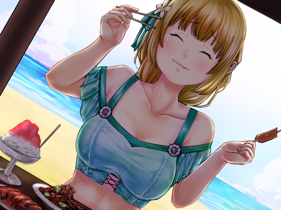 1girl, beach, bikini, blonde_hair, braid, braided_ponytail, breasts, chopsticks, closed_eyes, closed_mouth, cloud, collarbone, dutch_angle, eating, fire_emblem, fire_emblem:_three_houses, fire_emblem_heroes, flower, food, green_bikini, hair_flower, hair_ornament, holding, holding_chopsticks, holding_food, hut, ingrid_brandl_galatea, ingrid_brandl_galatea_(summer), koro_(cookie), large_breasts, long_hair, nintendo, ocean, off-shoulder_bikini, off_shoulder, official_alternate_costume, outdoors, shaved_ice, sky, smile, solo, swimsuit, table
