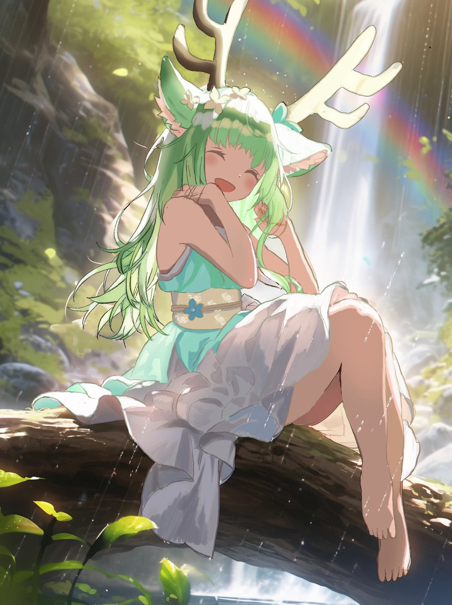 1girl, animal_ear_fluff, animal_ears, antlers, barefoot, blush, closed_eyes, deer_ears