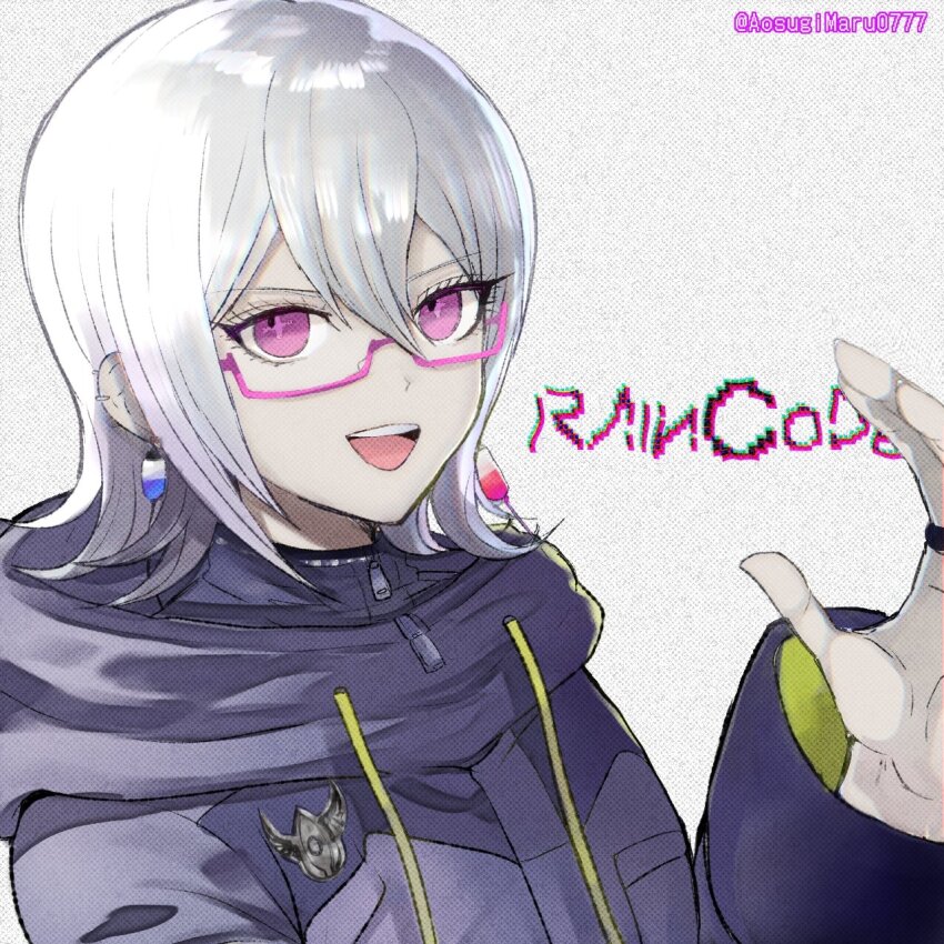 1other, :d, aosugi_maru, blue_coat, coat, commentary_request, copyright_name, earrings