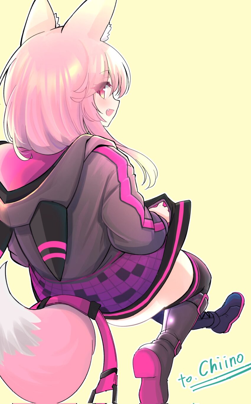 1girl, :d, animal_ears, animal_hood, black_footwear, black_jacket, black_thighhighs, boots