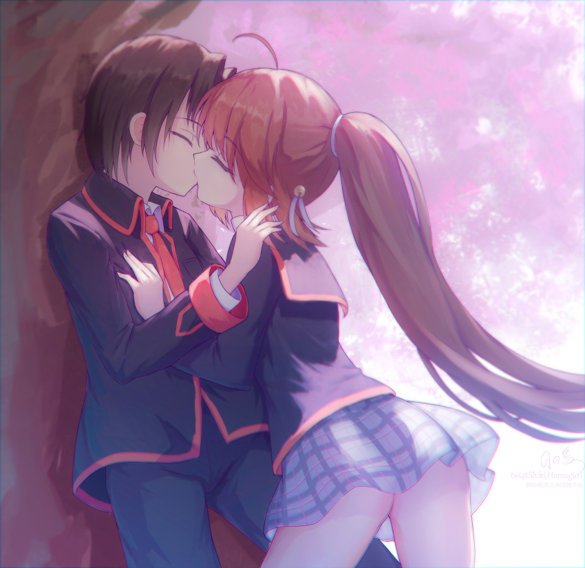 1boy, 1girl, ahoge, black_hair, black_jacket, black_pants, brown_hair, copule