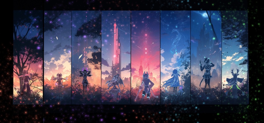 6+girls, amemiya_nazuna, amemiya_nazuna_(yume_kawaii), animal_ears, antlers, apricot_the_lich, cube, deer_ears, demon_girl, demon_horns, demon_tail, demon_wings, dress, frilled_skirt, frills, haruka_karibu, henya_the_genius, highres, hime_hajime, hime_hajime_(2nd_costume), holding, holding_sword, holding_weapon, horns, ironmouse, katana, kson, long_hair, melody_(projektmelody), melody_(projektmelody)_(4th_costume), mochimochi_589, multiple_girls, multiple_horns, night, ponytail, reindeer_antlers, reindeer_girl, skirt, sky, souchou, star_(sky), sword, tail, tree, twintails, two_side_up, virtual_youtuber, vshojo, weapon, wings, zentreya, zentreya_(cyborg), zentreya_(cyborg)_(1st_costume)